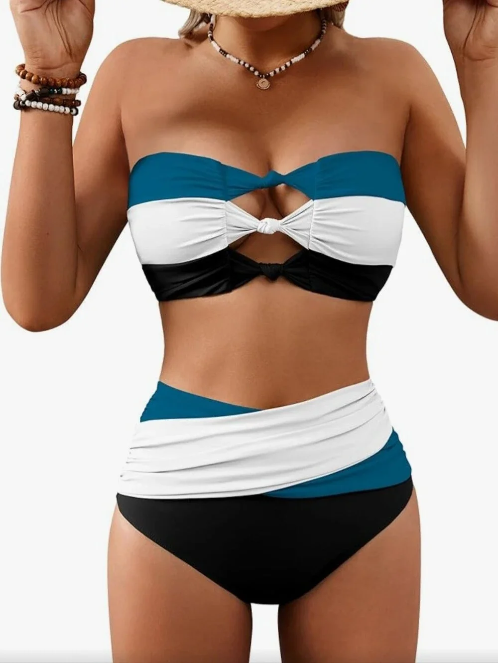Teal White Black Colorblock Twist Bandeau Bikini - Women Swim. Size L. NWOT